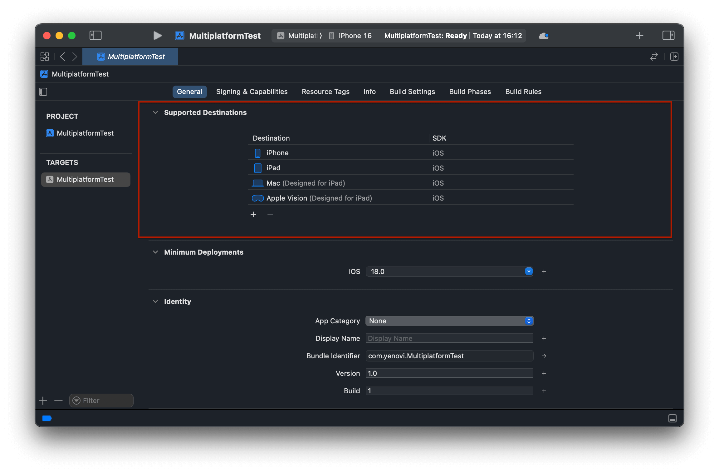 xcode supported destinations panel